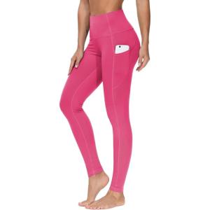 imageTHE GYM PEOPLE Thick High Waist Yoga Pants with Pockets Tummy Control Workout Running Yoga Leggings for WomenBright Pink
