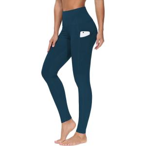 imageTHE GYM PEOPLE Thick High Waist Yoga Pants with Pockets Tummy Control Workout Running Yoga Leggings for WomenDark Blue Green