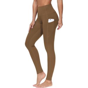 imageTHE GYM PEOPLE Thick High Waist Yoga Pants with Pockets Tummy Control Workout Running Yoga Leggings for WomenDark Brown