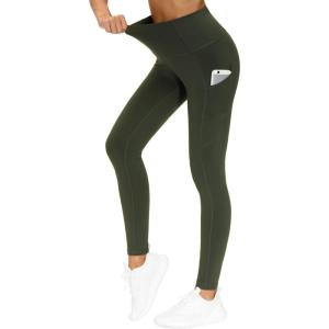 imageTHE GYM PEOPLE Thick High Waist Yoga Pants with Pockets Tummy Control Workout Running Yoga Leggings for WomenDark Olive