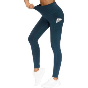 imageTHE GYM PEOPLE Thick High Waist Yoga Pants with Pockets Tummy Control Workout Running Yoga Leggings for WomenFleece Dark Blue Green