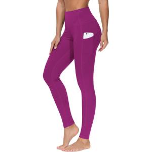 imageTHE GYM PEOPLE Thick High Waist Yoga Pants with Pockets Tummy Control Workout Running Yoga Leggings for WomenFuchsia