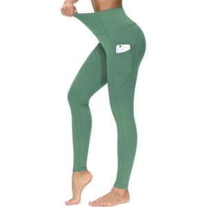 imageTHE GYM PEOPLE Thick High Waist Yoga Pants with Pockets Tummy Control Workout Running Yoga Leggings for WomenLight Green