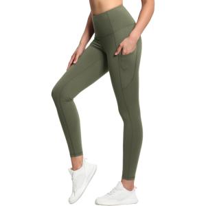 imageTHE GYM PEOPLE Thick High Waist Yoga Pants with Pockets Tummy Control Workout Running Yoga Leggings for WomenOlive Green