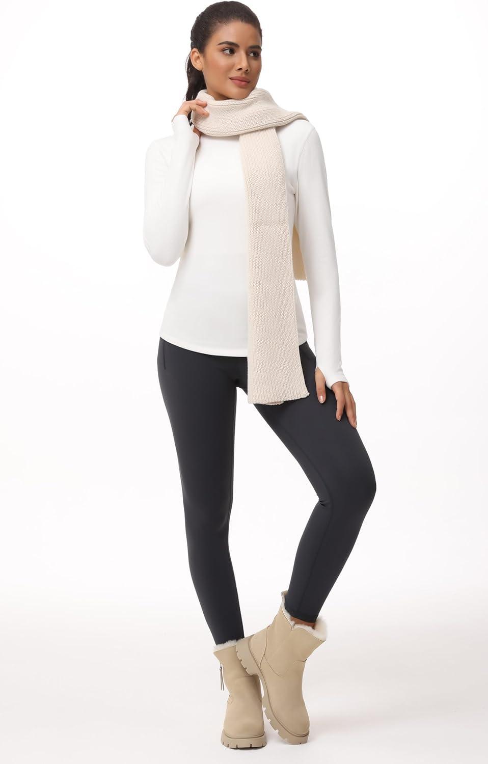 imageTHE GYM PEOPLE Fleece Mock Turtleneck Pullover Base Layer Shirts Long Sleeve Workout Tops with Thumb HoleBeige