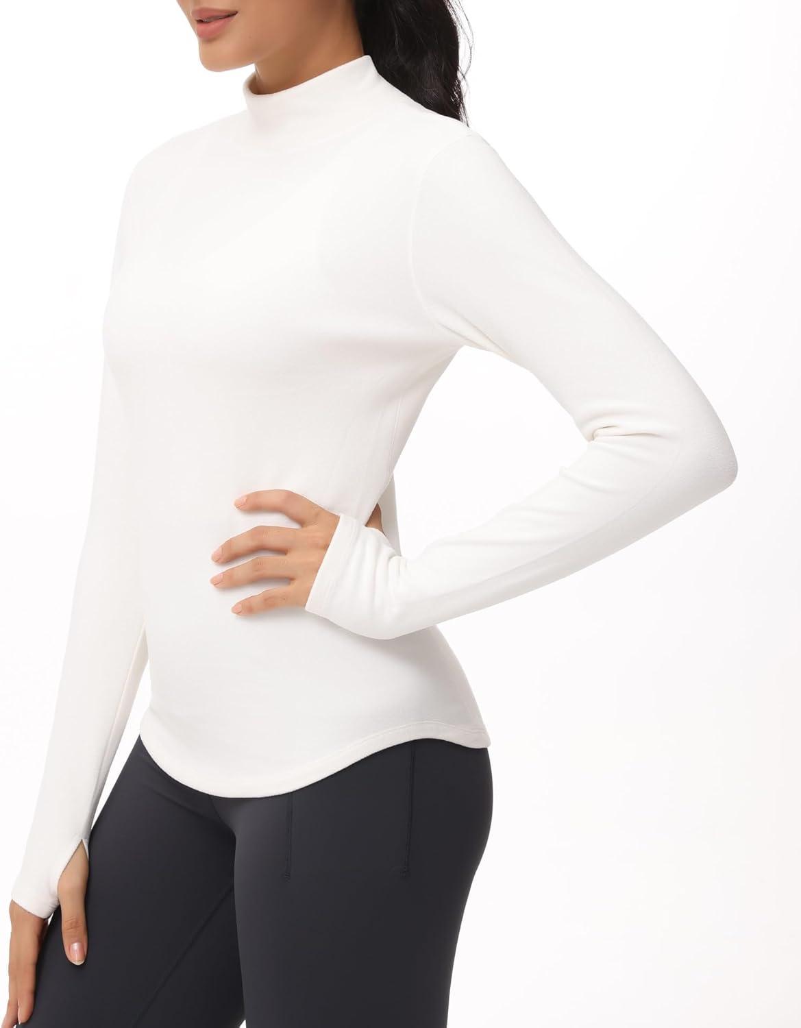 imageTHE GYM PEOPLE Fleece Mock Turtleneck Pullover Base Layer Shirts Long Sleeve Workout Tops with Thumb HoleBeige