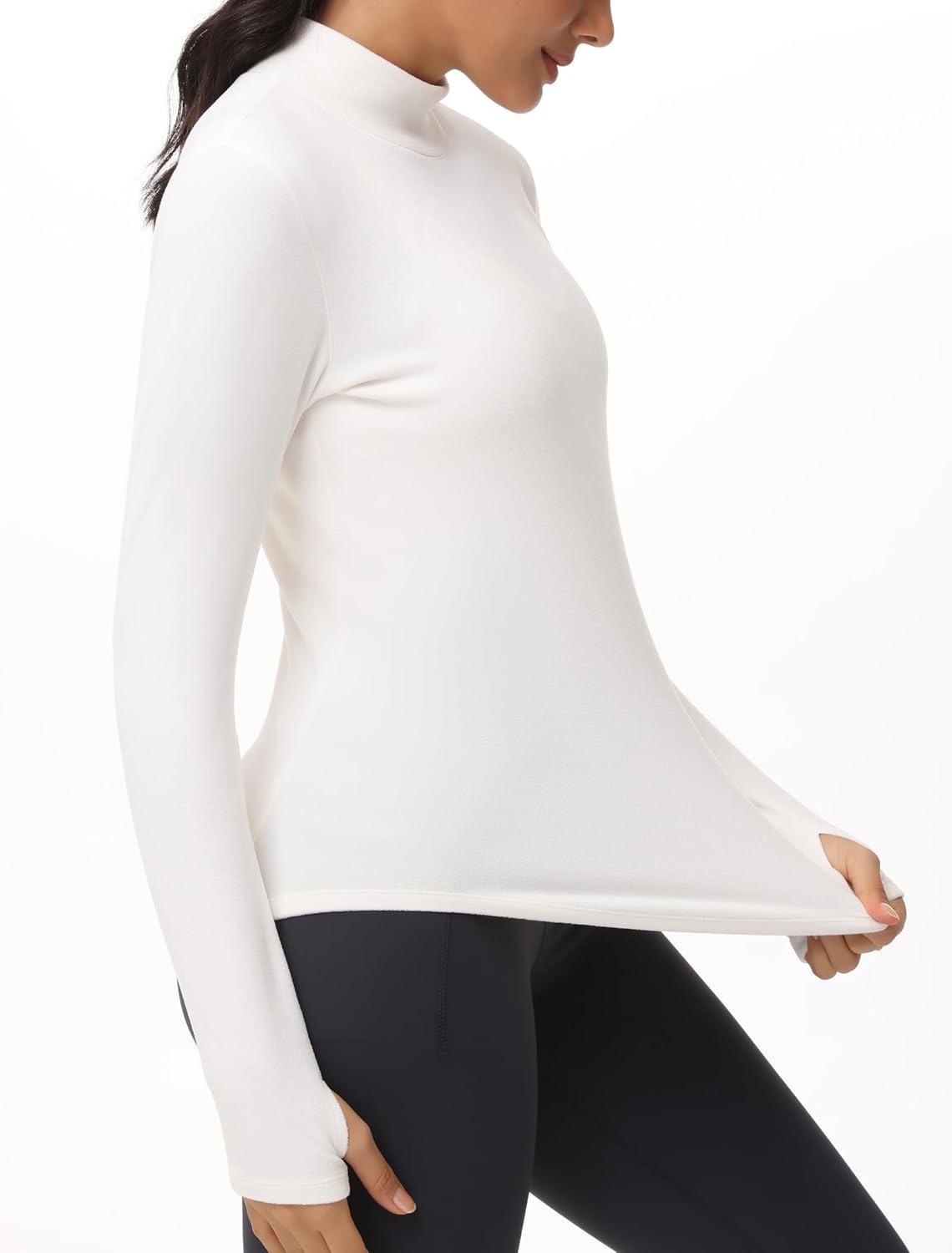 imageTHE GYM PEOPLE Fleece Mock Turtleneck Pullover Base Layer Shirts Long Sleeve Workout Tops with Thumb HoleBeige