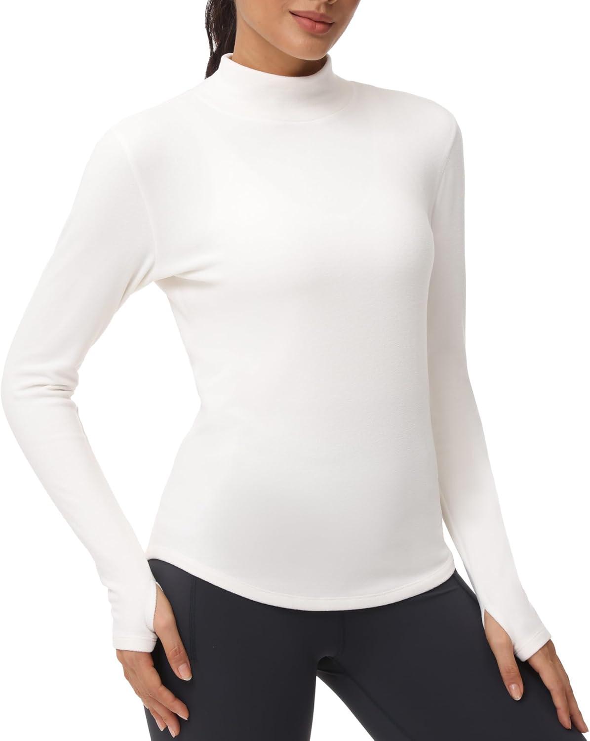 imageTHE GYM PEOPLE Fleece Mock Turtleneck Pullover Base Layer Shirts Long Sleeve Workout Tops with Thumb HoleBeige