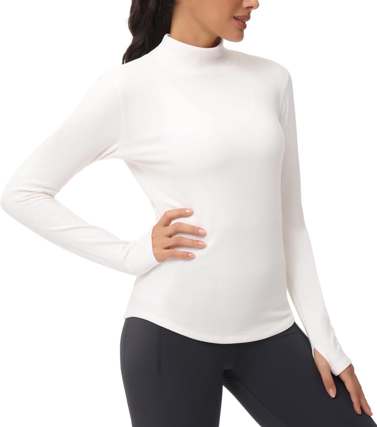 imageTHE GYM PEOPLE Fleece Mock Turtleneck Pullover Base Layer Shirts Long Sleeve Workout Tops with Thumb HoleBeige
