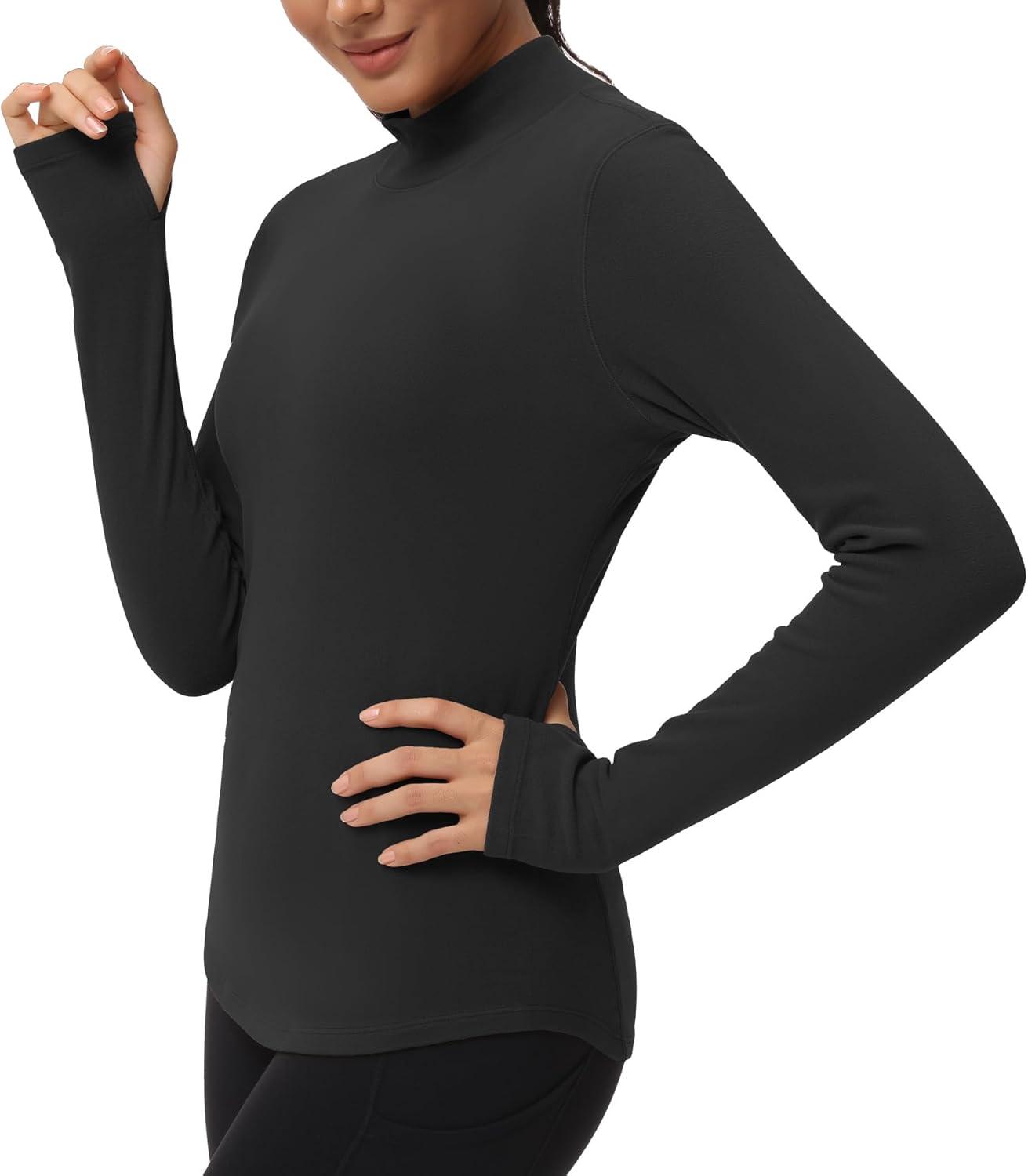 imageTHE GYM PEOPLE Fleece Mock Turtleneck Pullover Base Layer Shirts Long Sleeve Workout Tops with Thumb HoleBlack