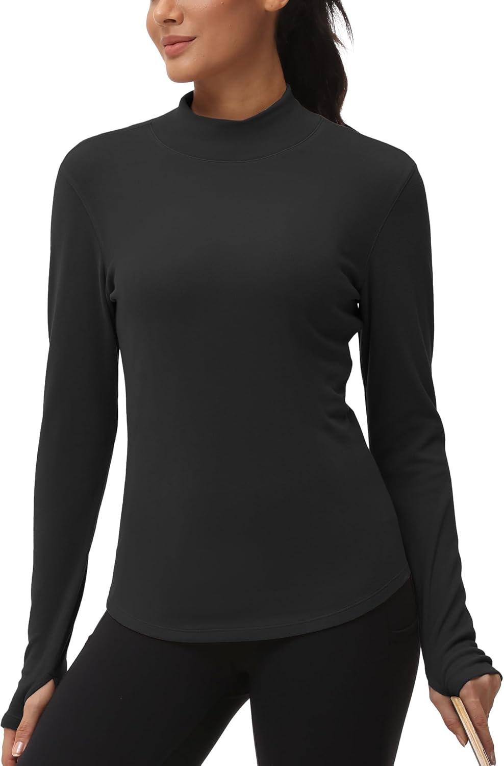 imageTHE GYM PEOPLE Fleece Mock Turtleneck Pullover Base Layer Shirts Long Sleeve Workout Tops with Thumb HoleBlack