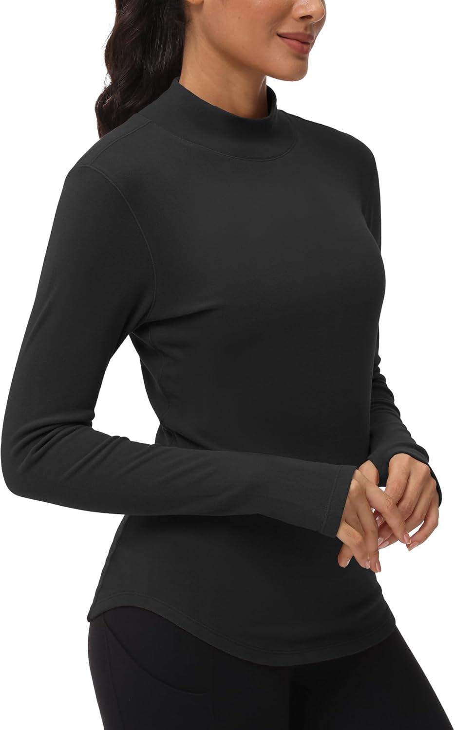 imageTHE GYM PEOPLE Fleece Mock Turtleneck Pullover Base Layer Shirts Long Sleeve Workout Tops with Thumb HoleBlack