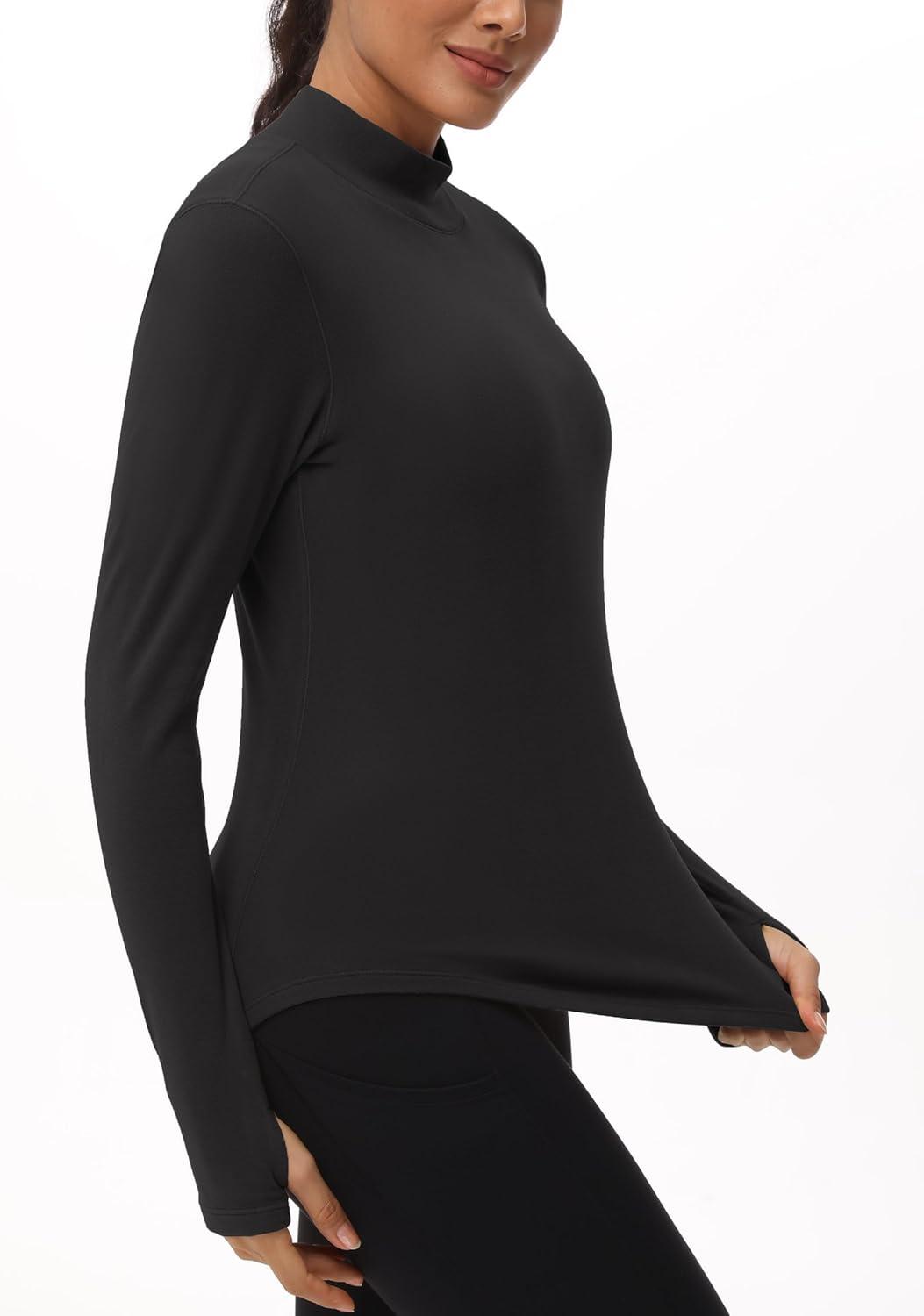 imageTHE GYM PEOPLE Fleece Mock Turtleneck Pullover Base Layer Shirts Long Sleeve Workout Tops with Thumb HoleBlack