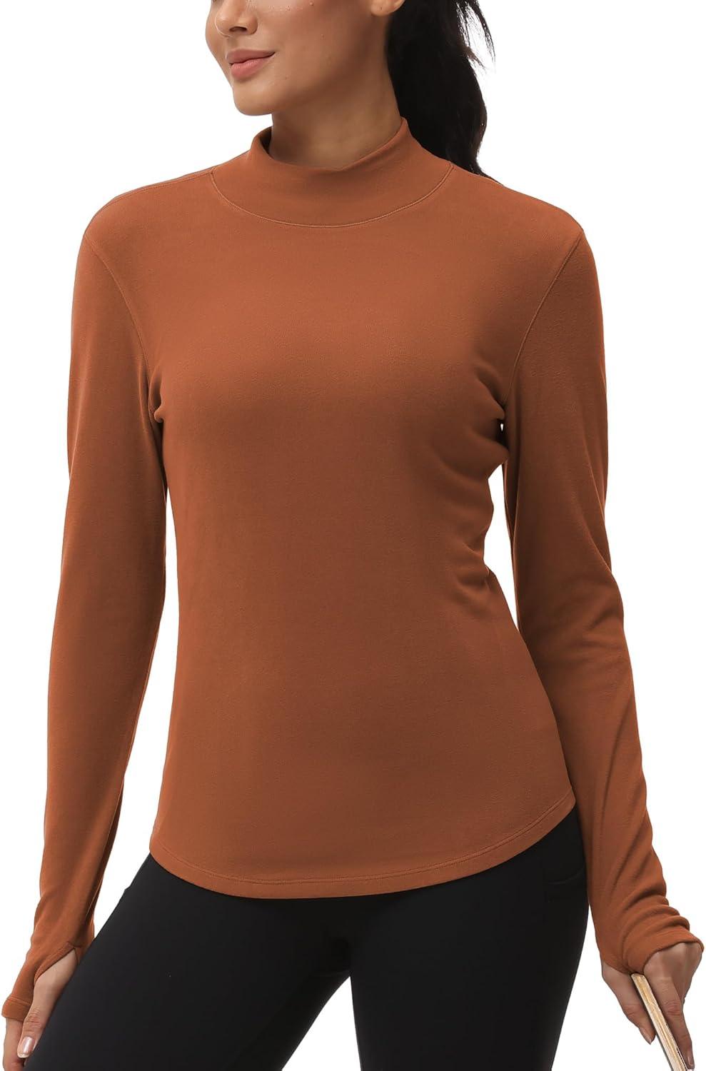 imageTHE GYM PEOPLE Fleece Mock Turtleneck Pullover Base Layer Shirts Long Sleeve Workout Tops with Thumb HoleBrick Red