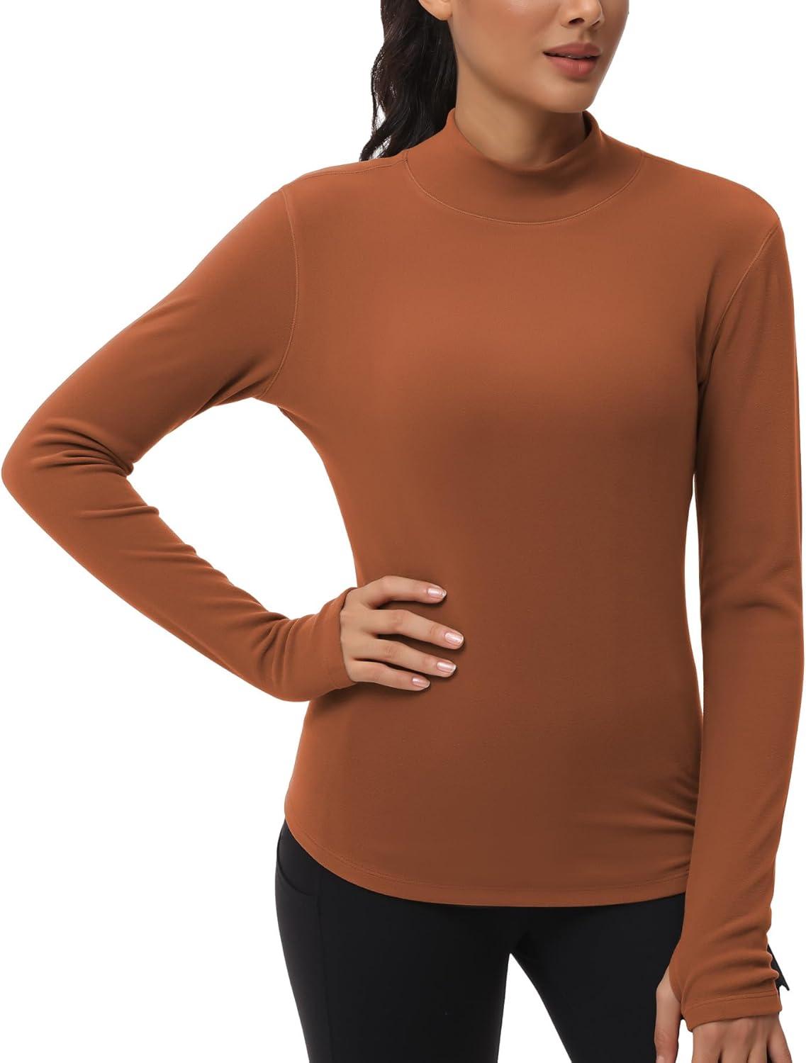 imageTHE GYM PEOPLE Fleece Mock Turtleneck Pullover Base Layer Shirts Long Sleeve Workout Tops with Thumb HoleBrick Red