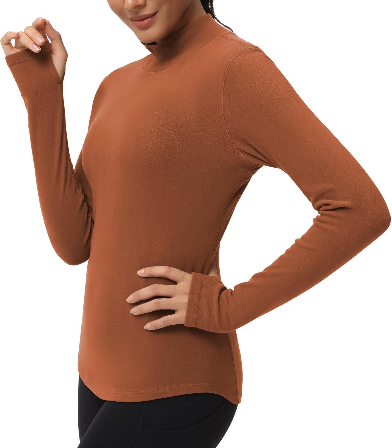 imageTHE GYM PEOPLE Fleece Mock Turtleneck Pullover Base Layer Shirts Long Sleeve Workout Tops with Thumb HoleBrick Red