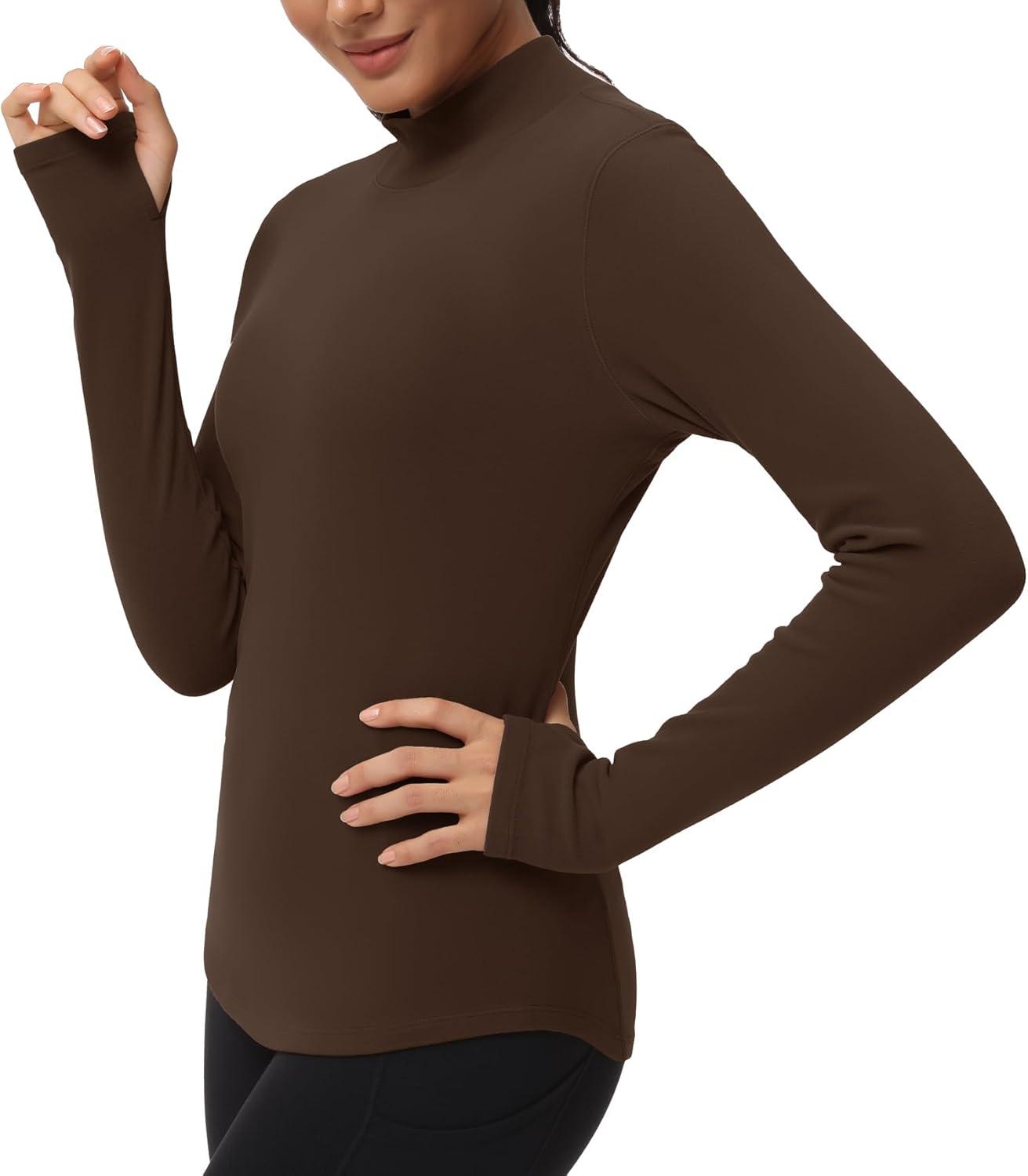 imageTHE GYM PEOPLE Fleece Mock Turtleneck Pullover Base Layer Shirts Long Sleeve Workout Tops with Thumb HoleCoffee