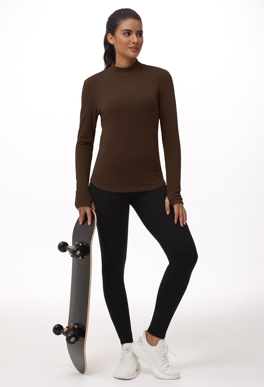 imageTHE GYM PEOPLE Fleece Mock Turtleneck Pullover Base Layer Shirts Long Sleeve Workout Tops with Thumb HoleCoffee