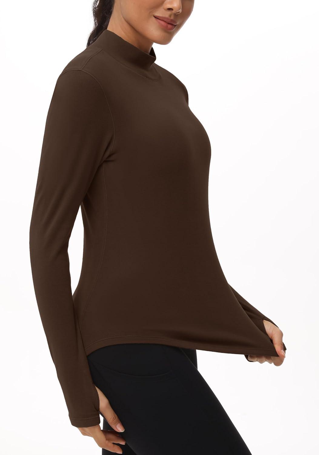 imageTHE GYM PEOPLE Fleece Mock Turtleneck Pullover Base Layer Shirts Long Sleeve Workout Tops with Thumb HoleCoffee