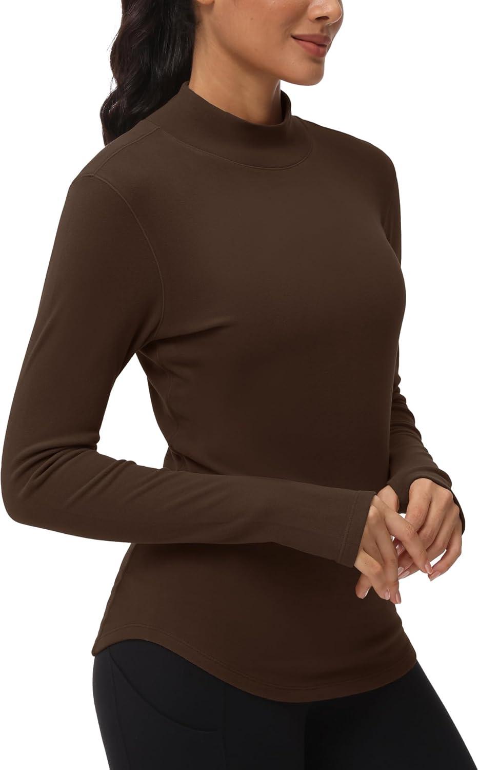 imageTHE GYM PEOPLE Fleece Mock Turtleneck Pullover Base Layer Shirts Long Sleeve Workout Tops with Thumb HoleCoffee