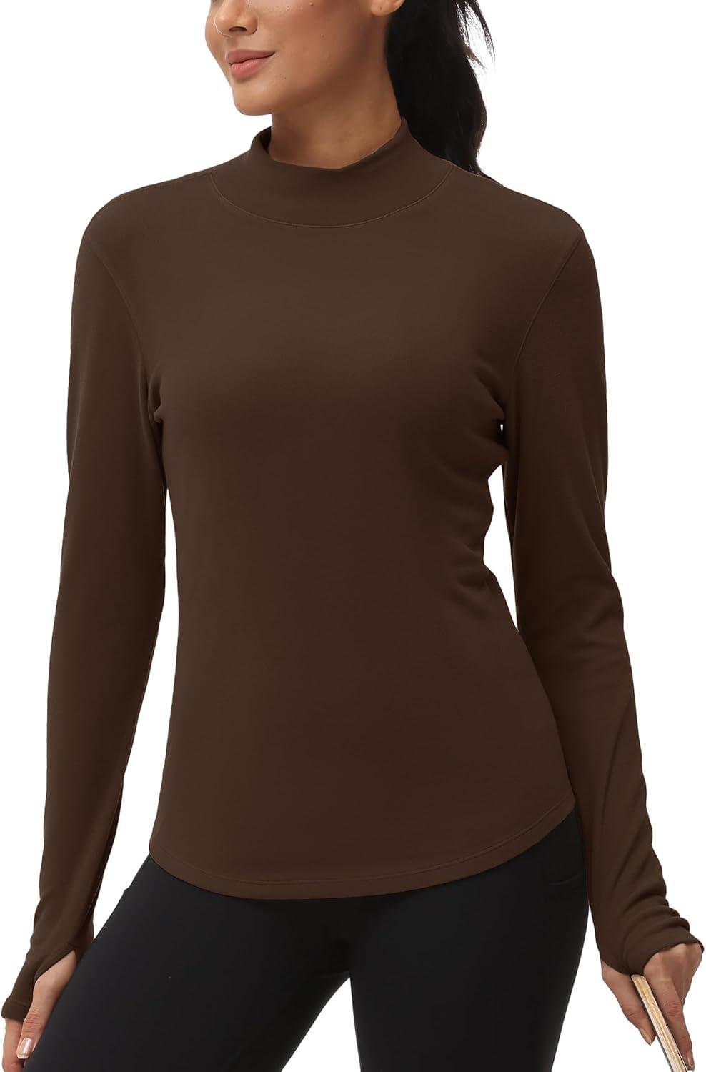 imageTHE GYM PEOPLE Fleece Mock Turtleneck Pullover Base Layer Shirts Long Sleeve Workout Tops with Thumb HoleCoffee