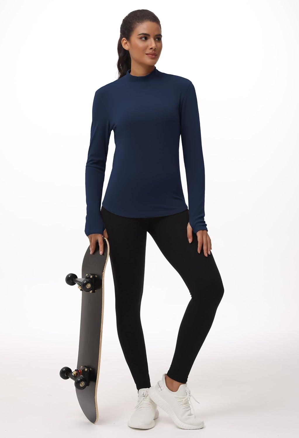 imageTHE GYM PEOPLE Fleece Mock Turtleneck Pullover Base Layer Shirts Long Sleeve Workout Tops with Thumb HoleDark Blue