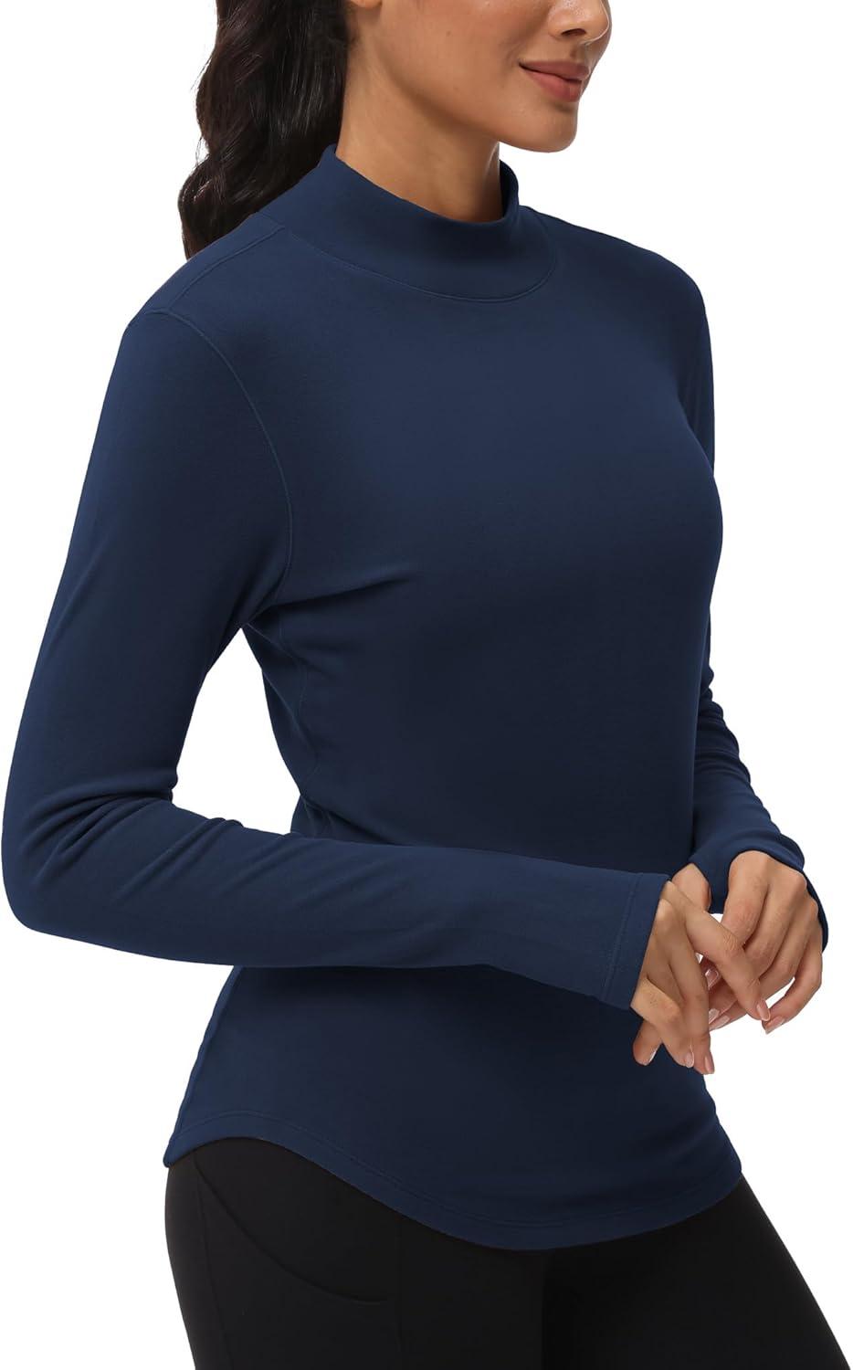 imageTHE GYM PEOPLE Fleece Mock Turtleneck Pullover Base Layer Shirts Long Sleeve Workout Tops with Thumb HoleDark Blue