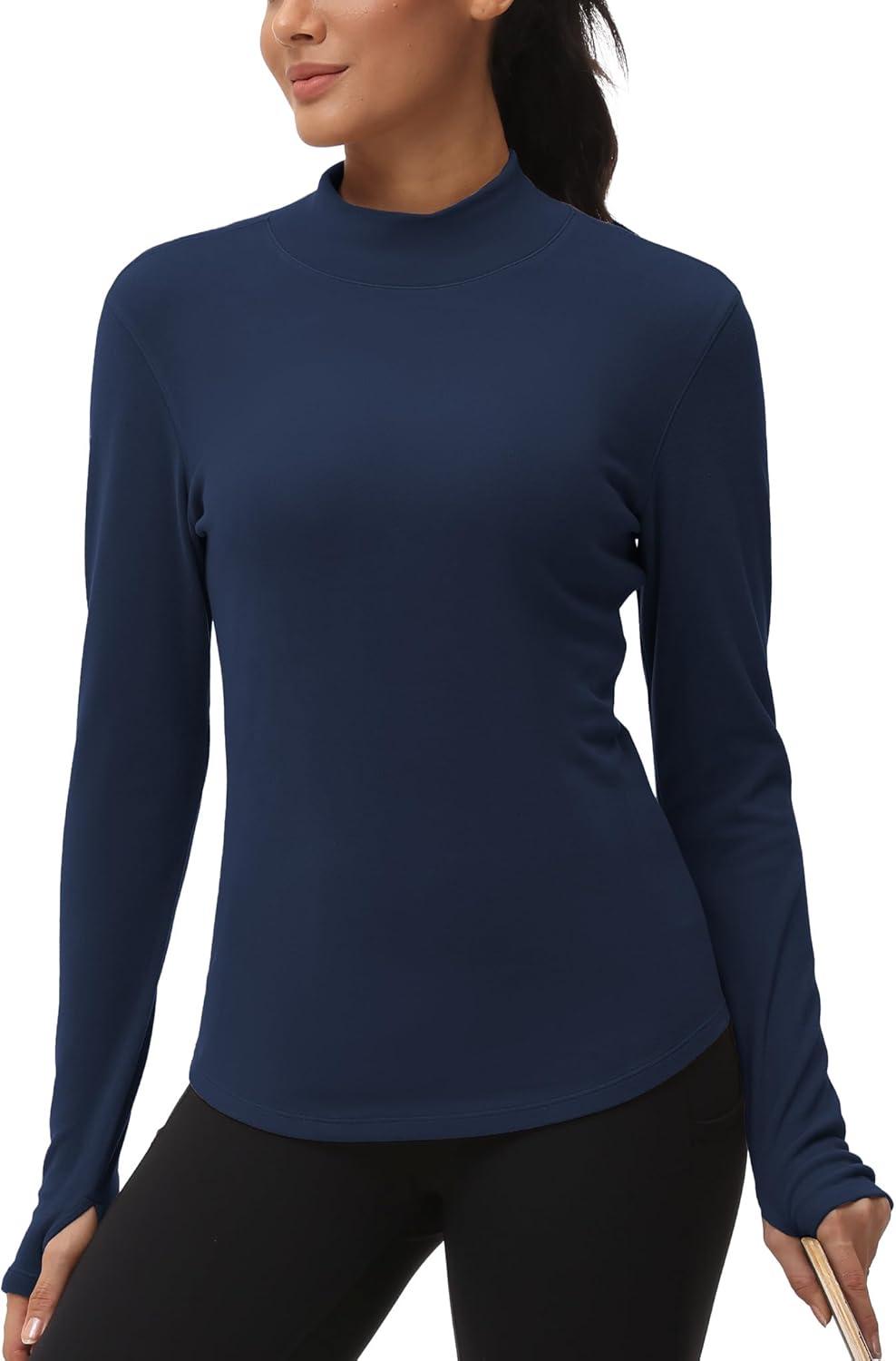 imageTHE GYM PEOPLE Fleece Mock Turtleneck Pullover Base Layer Shirts Long Sleeve Workout Tops with Thumb HoleDark Blue