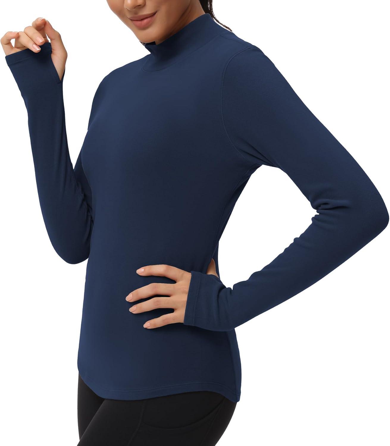 imageTHE GYM PEOPLE Fleece Mock Turtleneck Pullover Base Layer Shirts Long Sleeve Workout Tops with Thumb HoleDark Blue