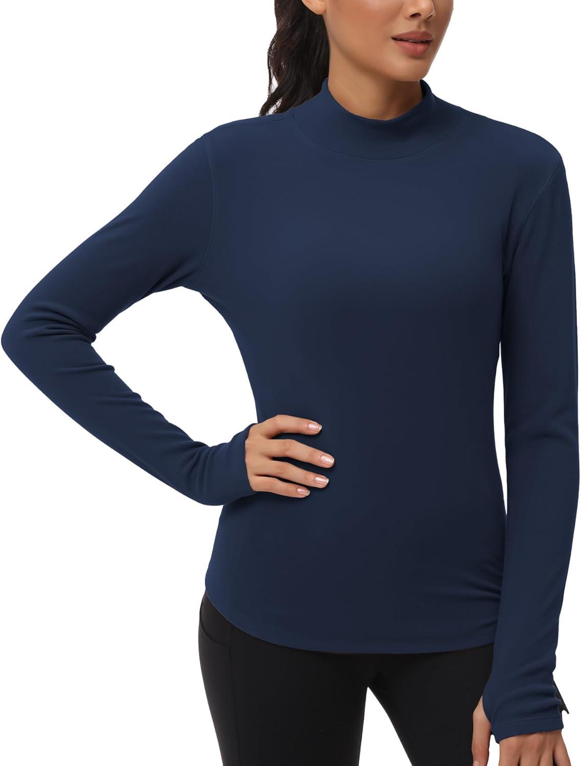 imageTHE GYM PEOPLE Fleece Mock Turtleneck Pullover Base Layer Shirts Long Sleeve Workout Tops with Thumb HoleDark Blue
