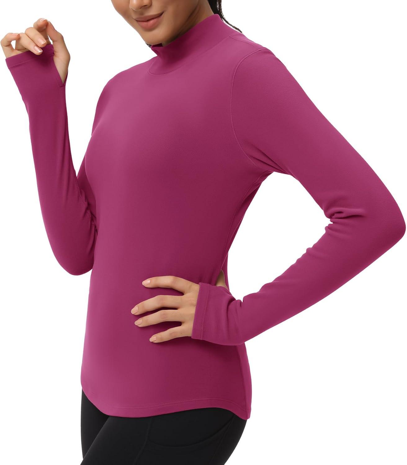 imageTHE GYM PEOPLE Fleece Mock Turtleneck Pullover Base Layer Shirts Long Sleeve Workout Tops with Thumb HoleDark Rose Red