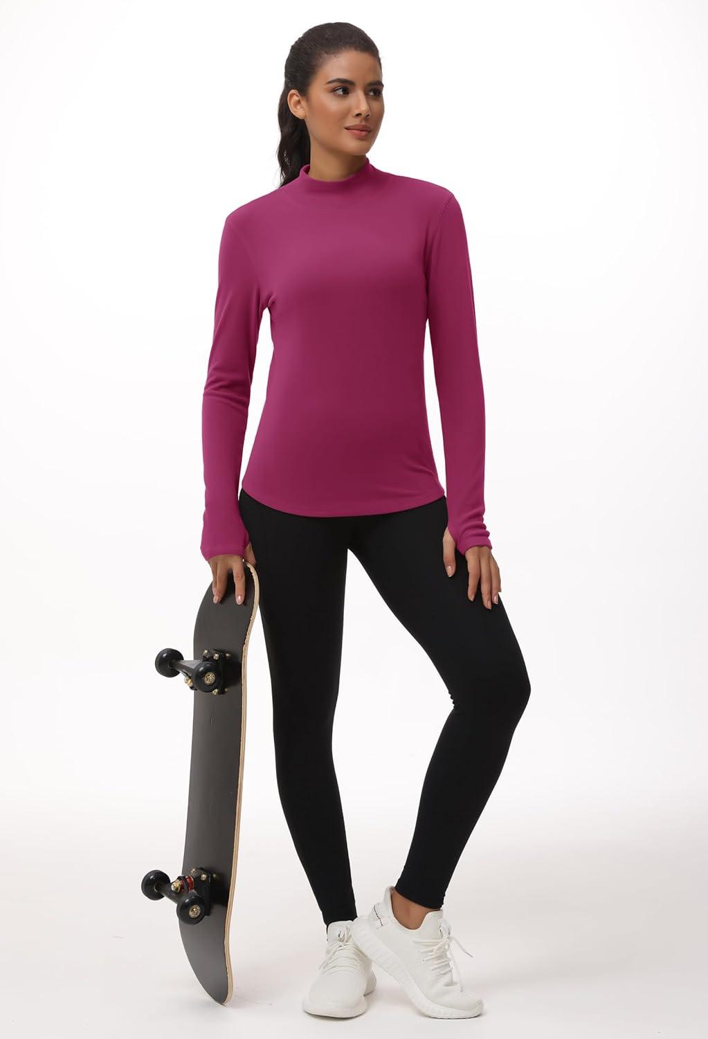 imageTHE GYM PEOPLE Fleece Mock Turtleneck Pullover Base Layer Shirts Long Sleeve Workout Tops with Thumb HoleDark Rose Red