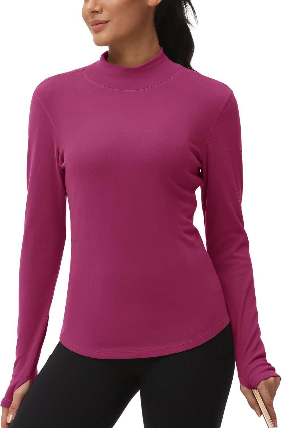 imageTHE GYM PEOPLE Fleece Mock Turtleneck Pullover Base Layer Shirts Long Sleeve Workout Tops with Thumb HoleDark Rose Red