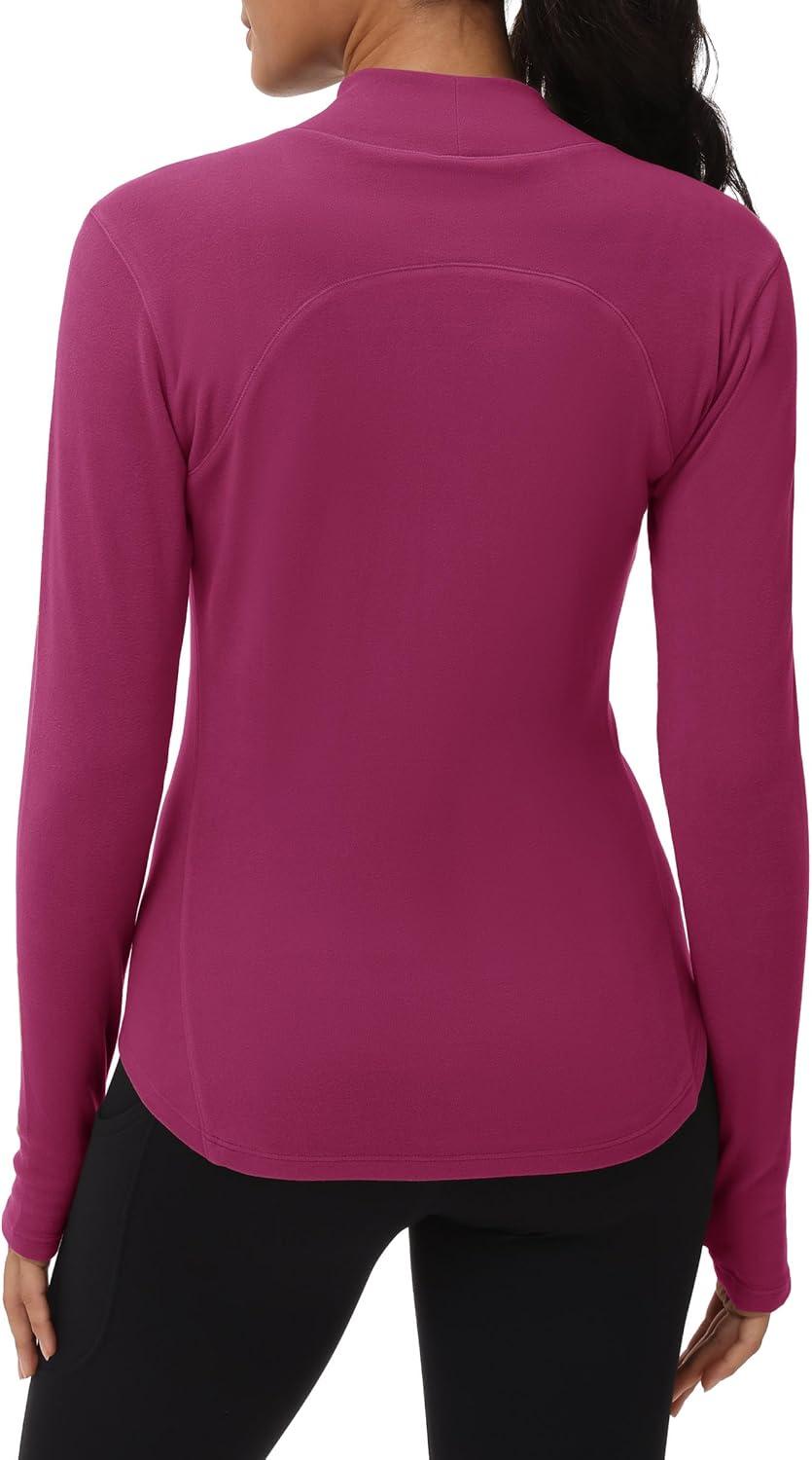 imageTHE GYM PEOPLE Fleece Mock Turtleneck Pullover Base Layer Shirts Long Sleeve Workout Tops with Thumb HoleDark Rose Red