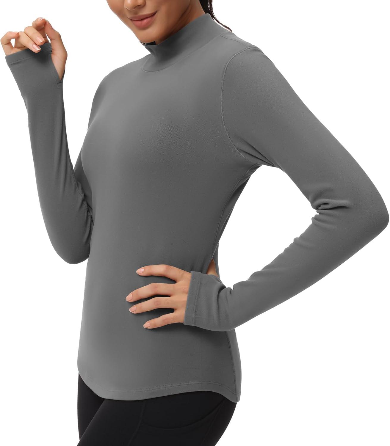 imageTHE GYM PEOPLE Fleece Mock Turtleneck Pullover Base Layer Shirts Long Sleeve Workout Tops with Thumb HoleGrey