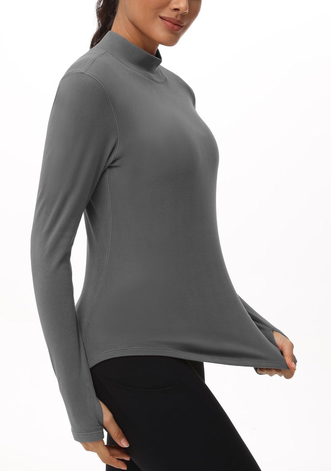 imageTHE GYM PEOPLE Fleece Mock Turtleneck Pullover Base Layer Shirts Long Sleeve Workout Tops with Thumb HoleGrey