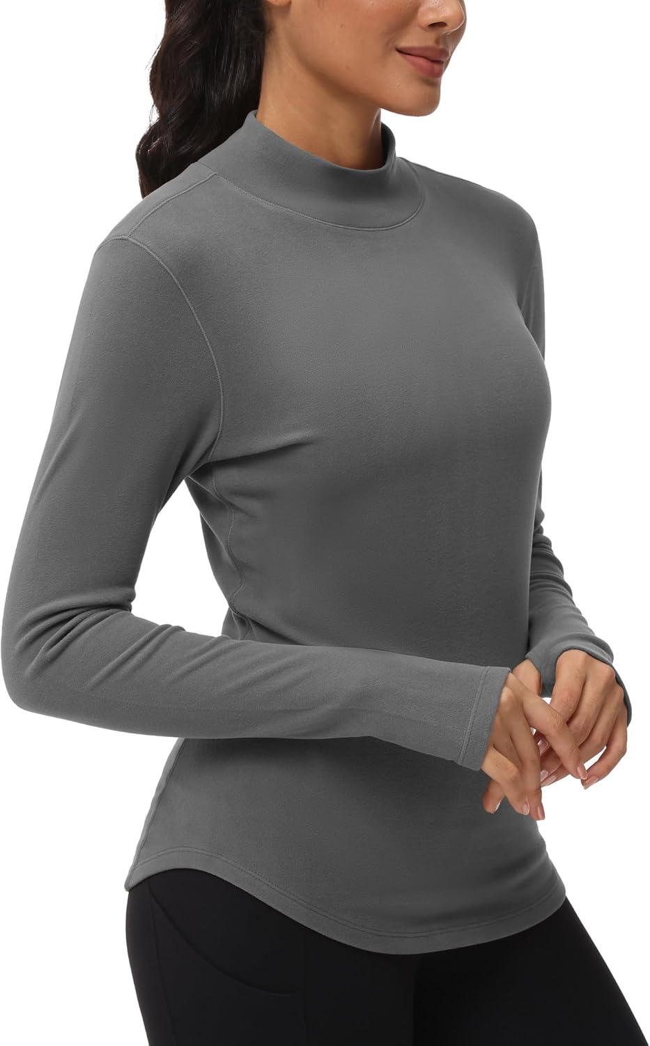 imageTHE GYM PEOPLE Fleece Mock Turtleneck Pullover Base Layer Shirts Long Sleeve Workout Tops with Thumb HoleGrey