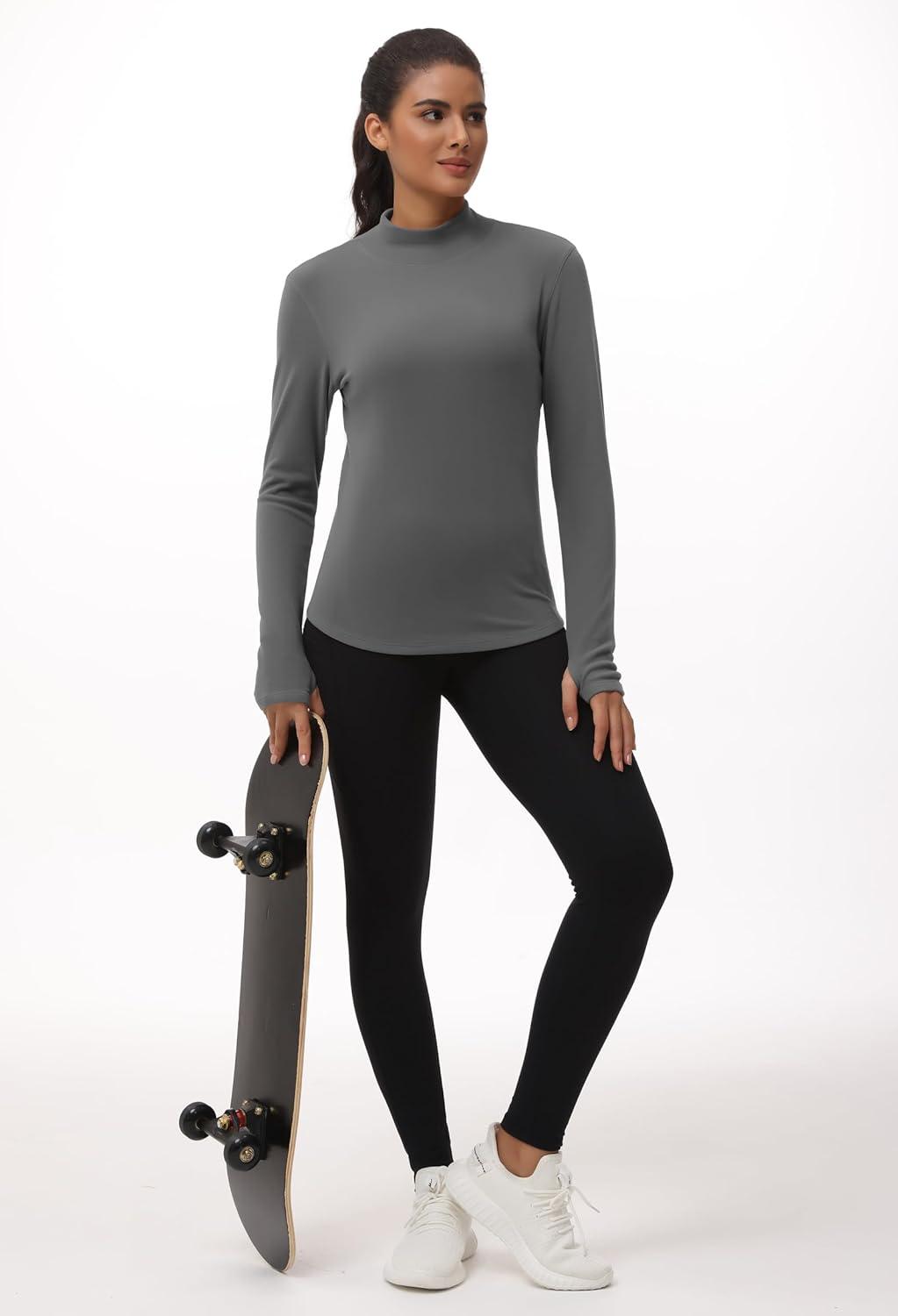 imageTHE GYM PEOPLE Fleece Mock Turtleneck Pullover Base Layer Shirts Long Sleeve Workout Tops with Thumb HoleGrey