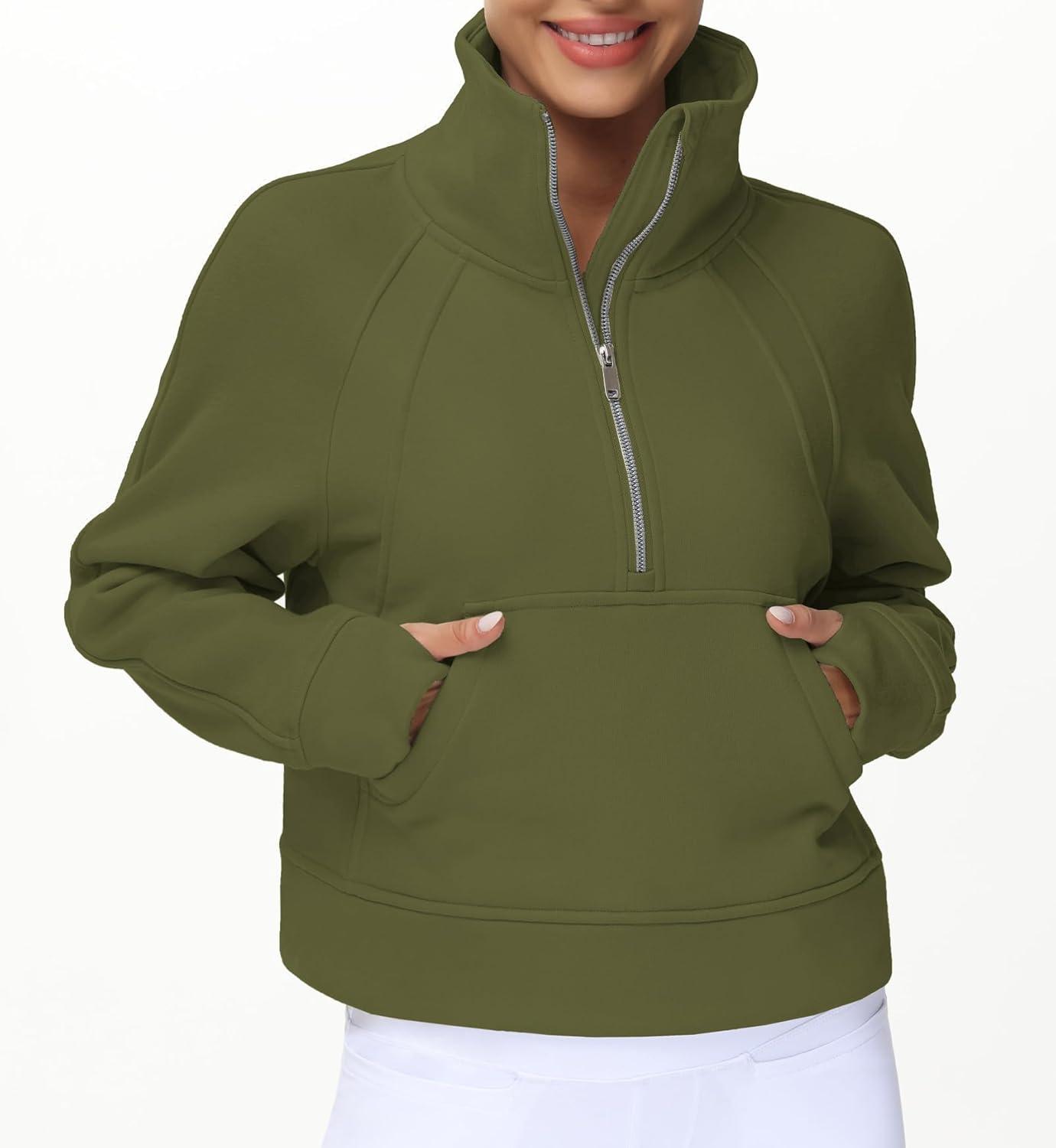 imageTHE GYM PEOPLE Womens Half Zip Pullover Fleece Stand Collar Crop Sweatshirt with Pockets Thumb HoleArmy Green