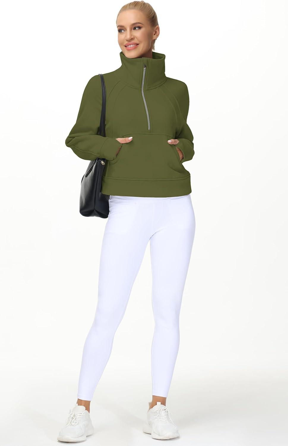 imageTHE GYM PEOPLE Womens Half Zip Pullover Fleece Stand Collar Crop Sweatshirt with Pockets Thumb HoleArmy Green