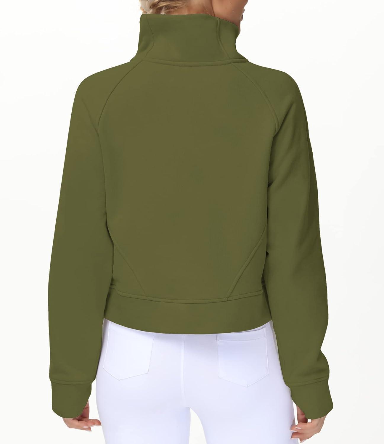 imageTHE GYM PEOPLE Womens Half Zip Pullover Fleece Stand Collar Crop Sweatshirt with Pockets Thumb HoleArmy Green