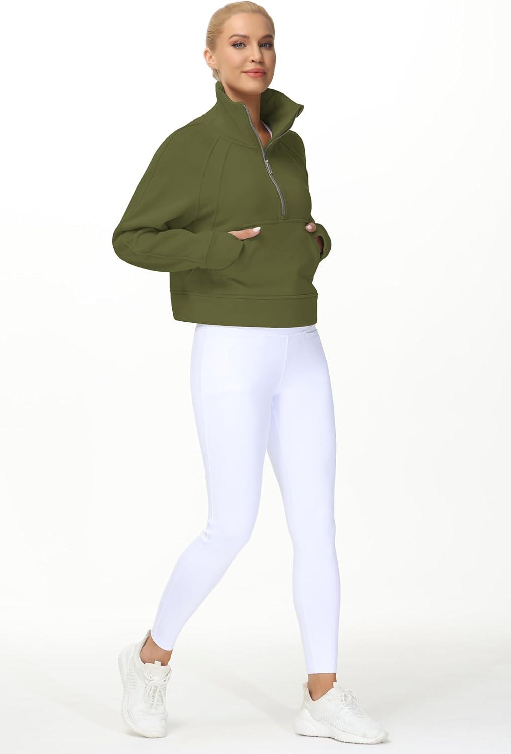 imageTHE GYM PEOPLE Womens Half Zip Pullover Fleece Stand Collar Crop Sweatshirt with Pockets Thumb HoleArmy Green