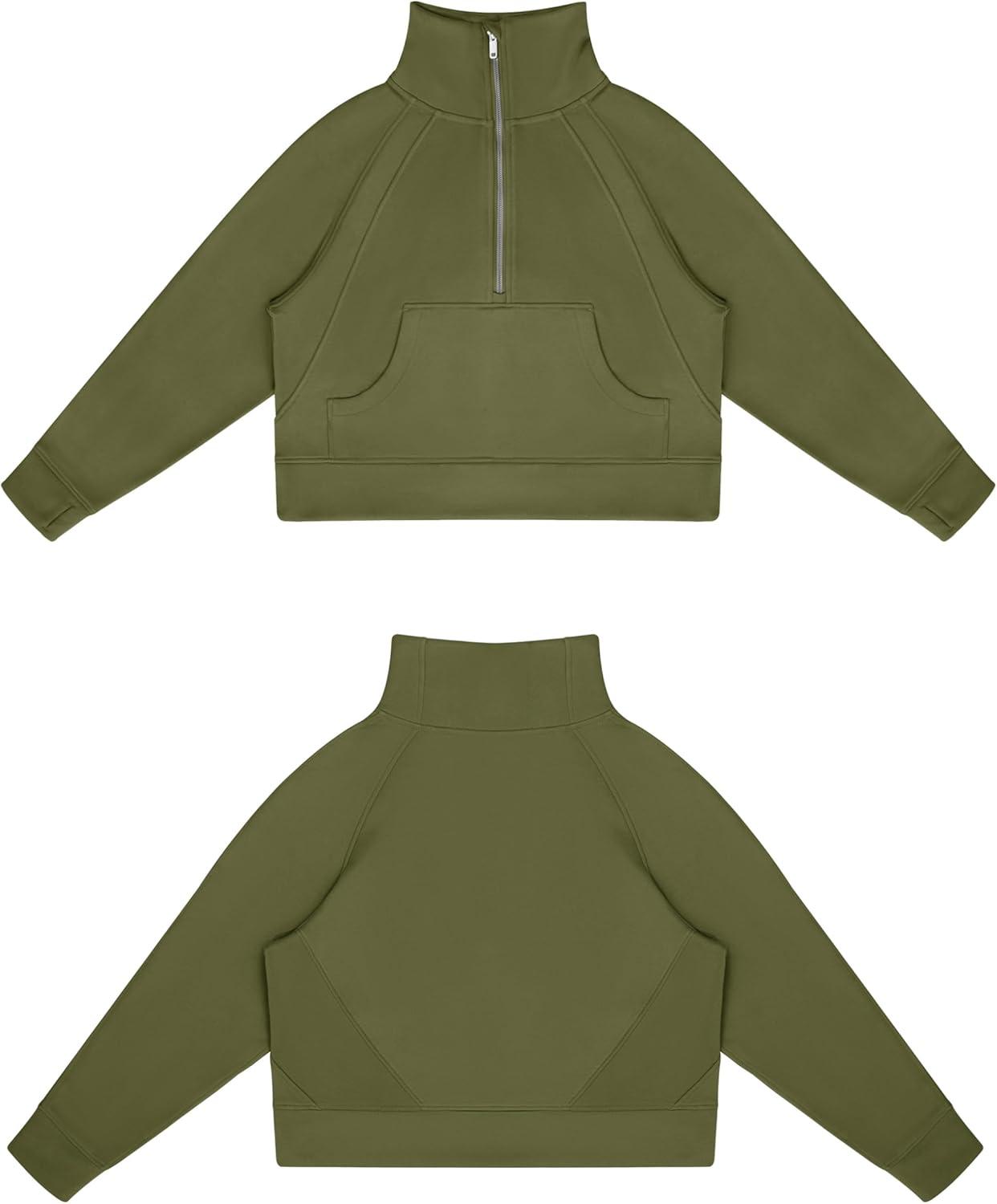 imageTHE GYM PEOPLE Womens Half Zip Pullover Fleece Stand Collar Crop Sweatshirt with Pockets Thumb HoleArmy Green