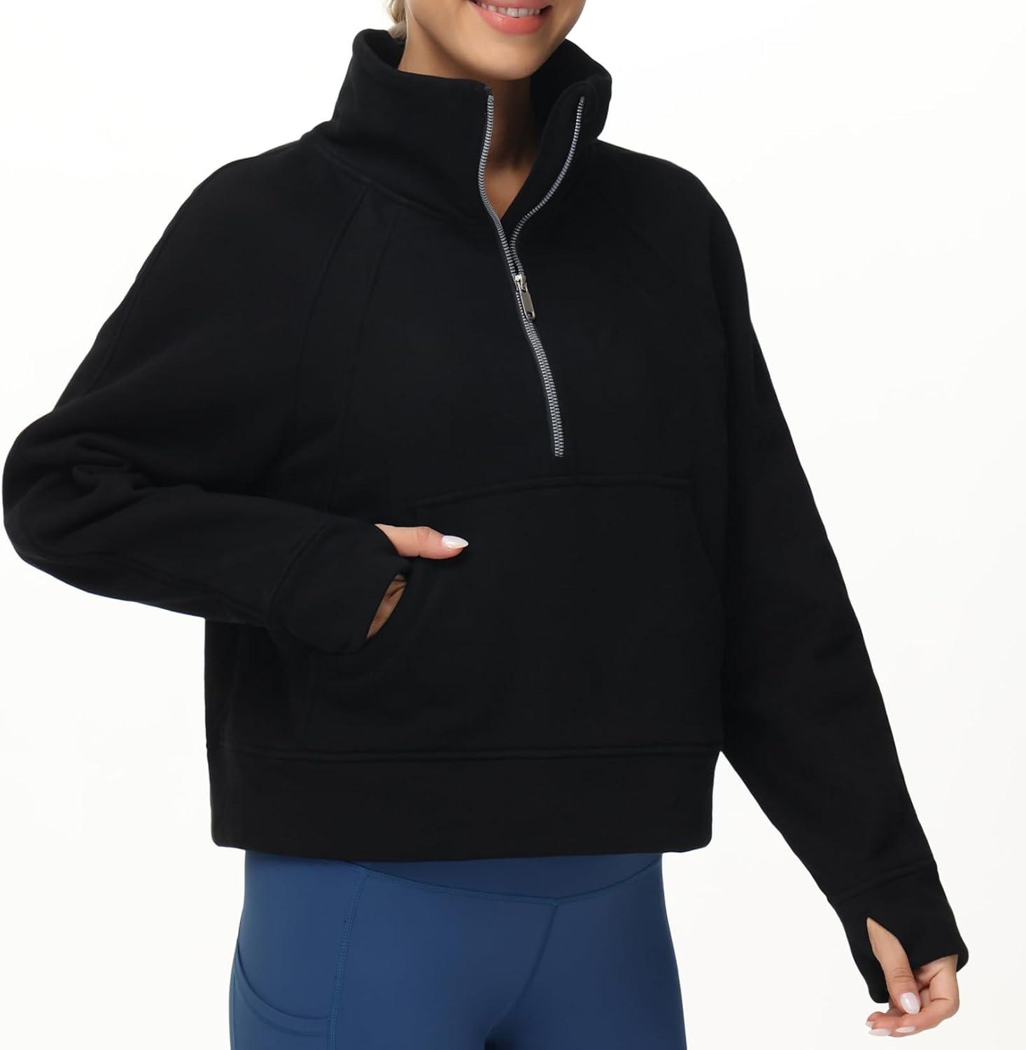 imageTHE GYM PEOPLE Womens Half Zip Pullover Fleece Stand Collar Crop Sweatshirt with Pockets Thumb HoleBlack