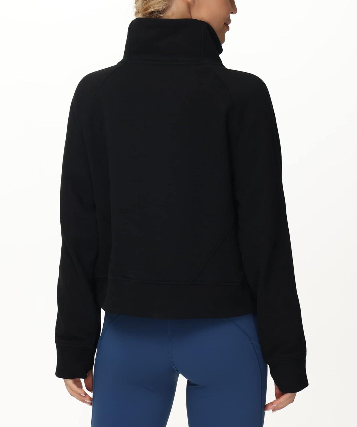 imageTHE GYM PEOPLE Womens Half Zip Pullover Fleece Stand Collar Crop Sweatshirt with Pockets Thumb HoleBlack