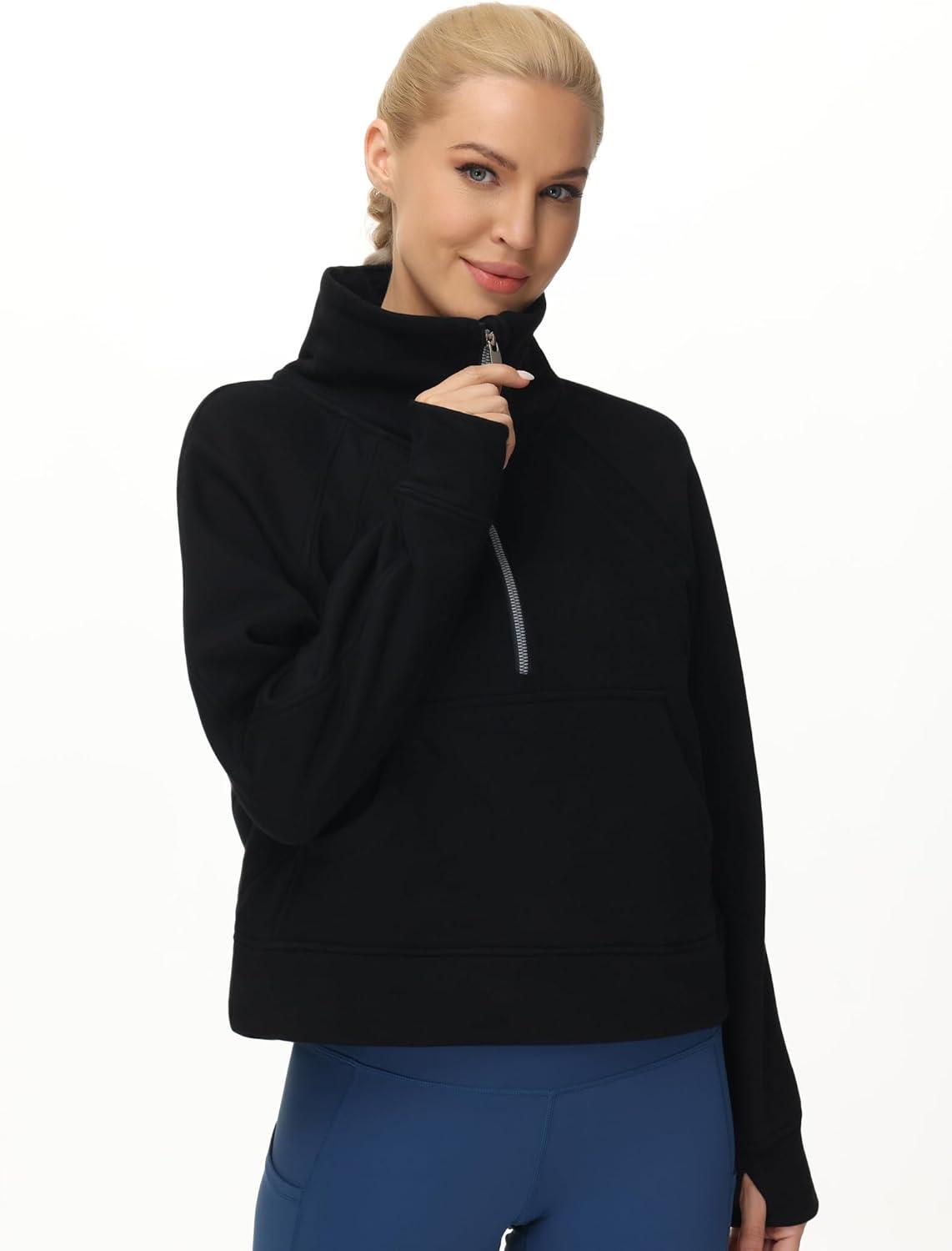 imageTHE GYM PEOPLE Womens Half Zip Pullover Fleece Stand Collar Crop Sweatshirt with Pockets Thumb HoleBlack