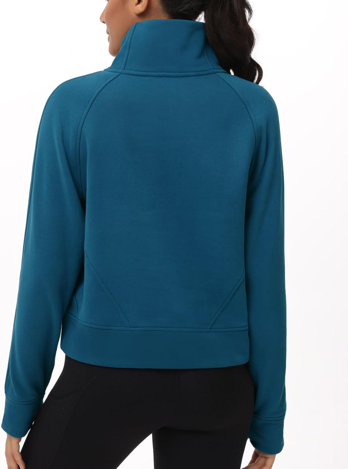 imageTHE GYM PEOPLE Womens Half Zip Pullover Fleece Stand Collar Crop Sweatshirt with Pockets Thumb HoleDark Blue Green