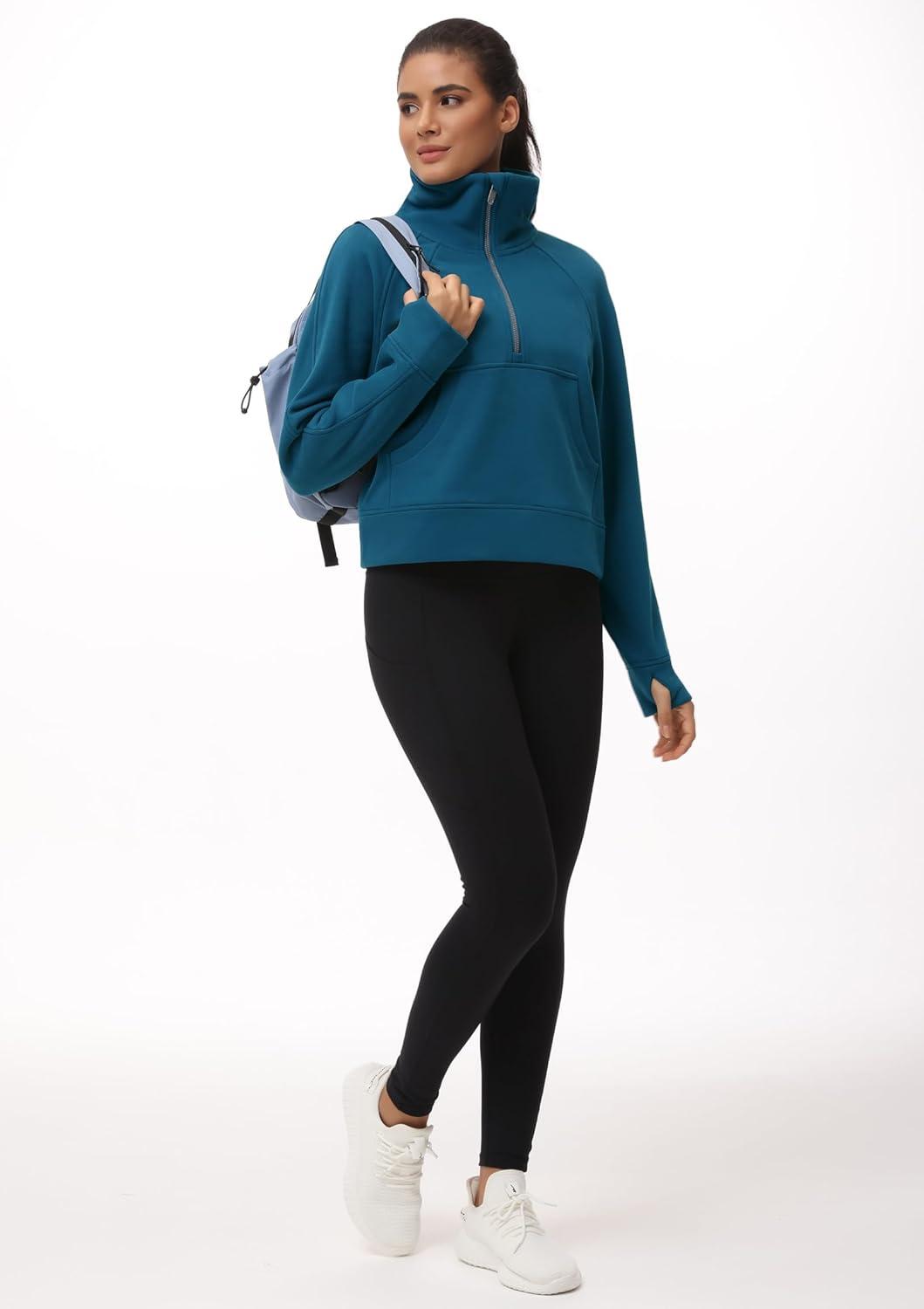 imageTHE GYM PEOPLE Womens Half Zip Pullover Fleece Stand Collar Crop Sweatshirt with Pockets Thumb HoleDark Blue Green