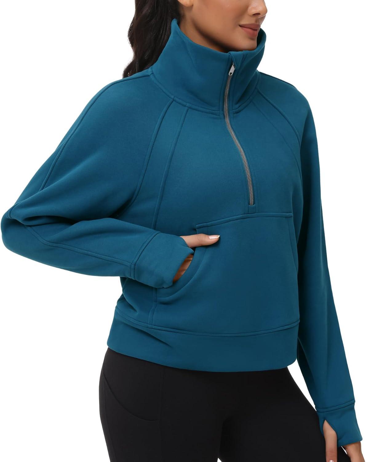 imageTHE GYM PEOPLE Womens Half Zip Pullover Fleece Stand Collar Crop Sweatshirt with Pockets Thumb HoleDark Blue Green