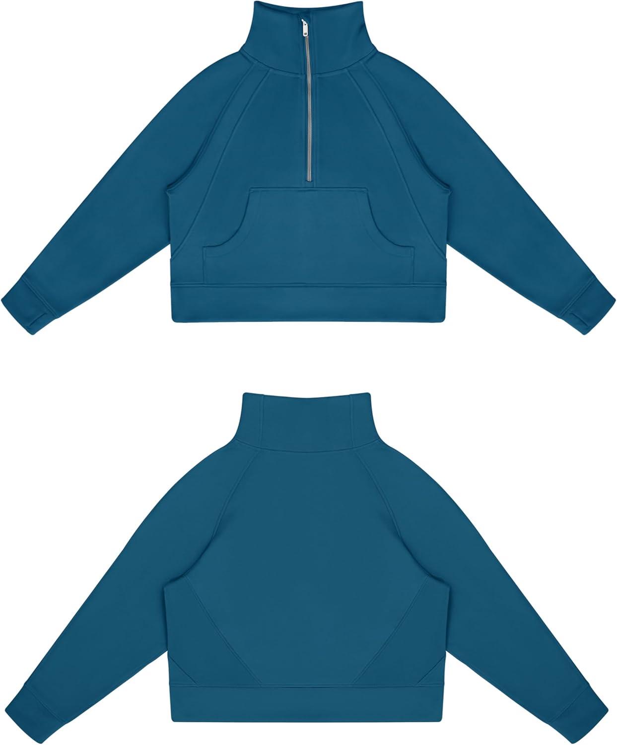 imageTHE GYM PEOPLE Womens Half Zip Pullover Fleece Stand Collar Crop Sweatshirt with Pockets Thumb HoleDark Blue Green